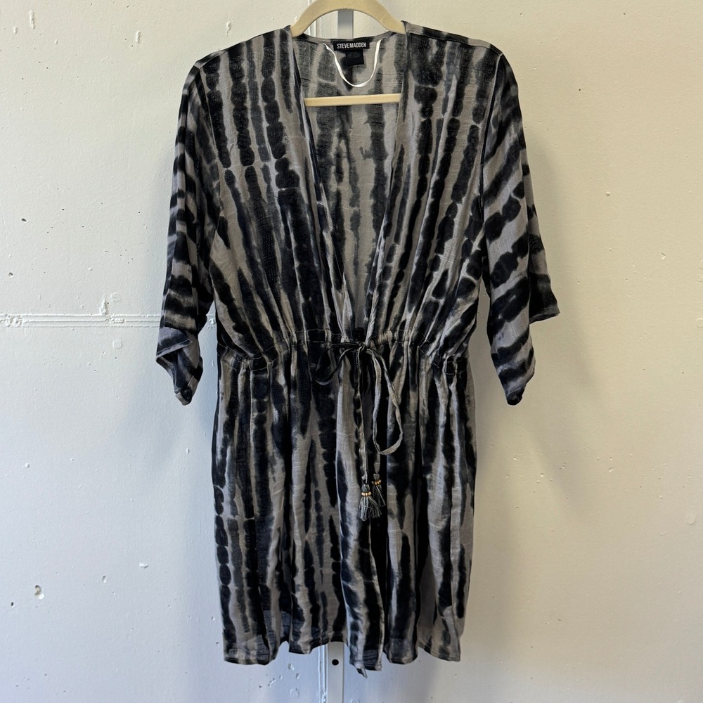 Steve Madden Tie Dye Kimono Cardigan Cover Up Black Grey Tassel OSFM Rayon